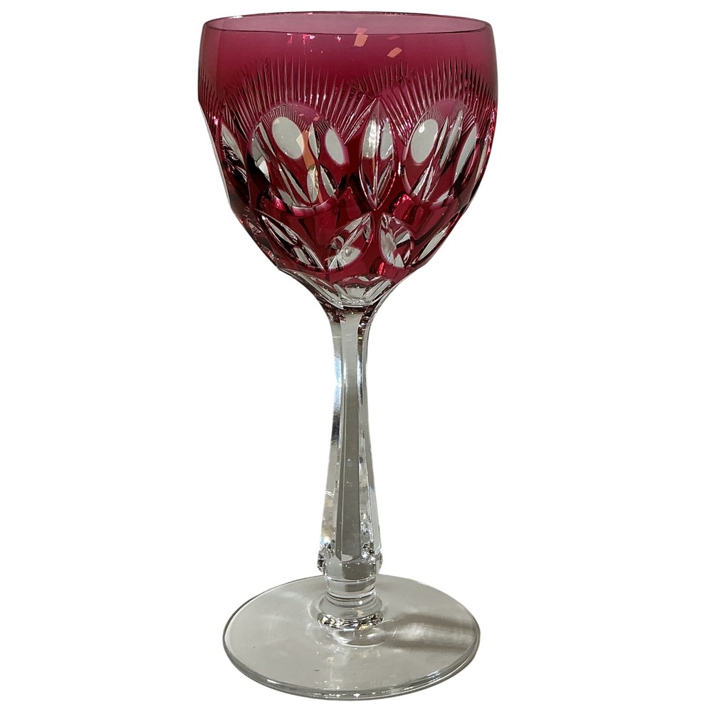 Vintage Cranberry Cut to Clear Crystal Wine Goblet Ruby Red Faceted Stem 7.75"